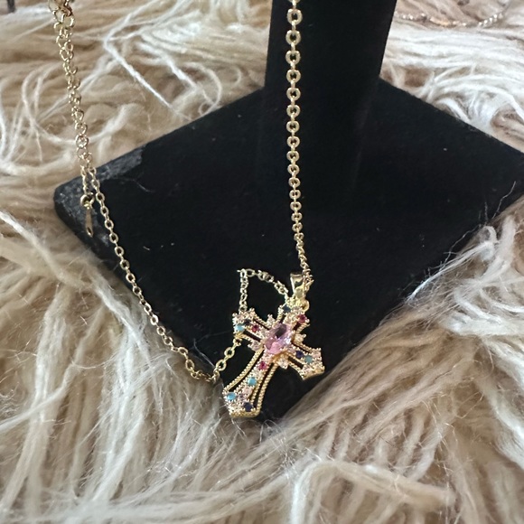 Cubic Zirconia Multi-Color Cross a Faux Gold 15..7” to 17.7” Adjustable … - Picture 2 of 7